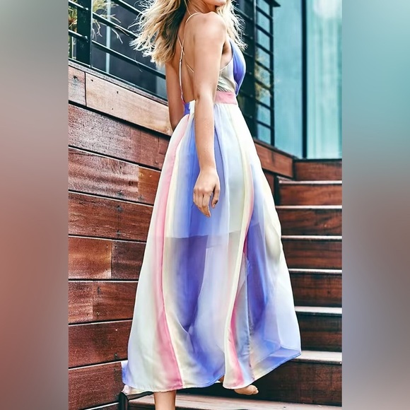 Cupshe NWT Colorful Rainbow Plunging Neckline Cross Back Maxi Dress Large - Picture 2 of 14